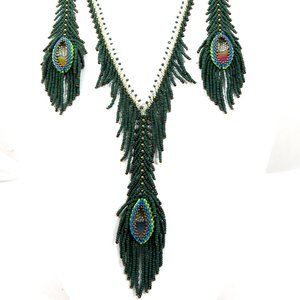 Peacock beaded feather necklace earring set